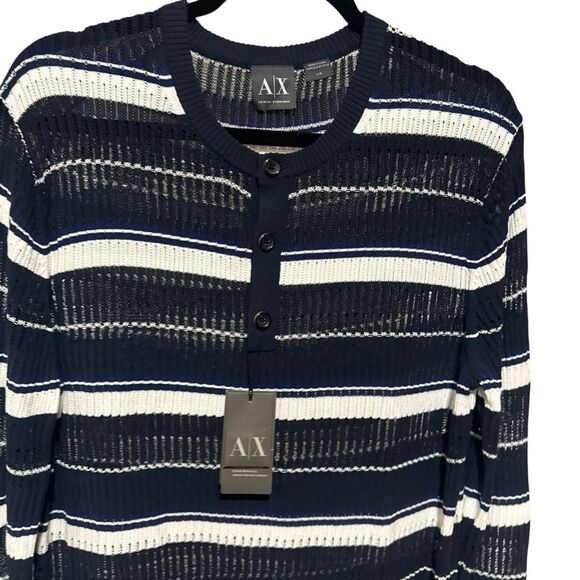 Armani Exchange Vintage Navy and White Open Weave Knit Striped Sweater - Picture 2 of 6